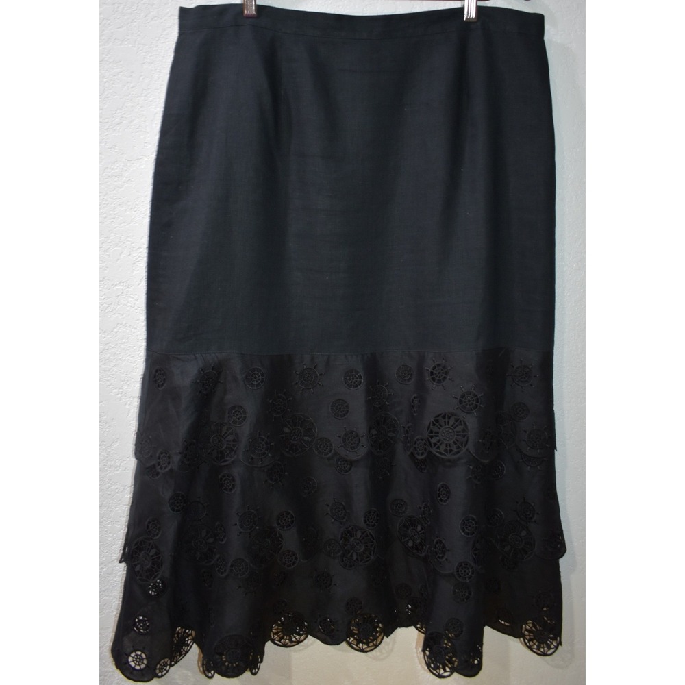 JSong 18 Linen Skirt Black Eyelet Tiered Midi Longline Artsy Coastal Size 18